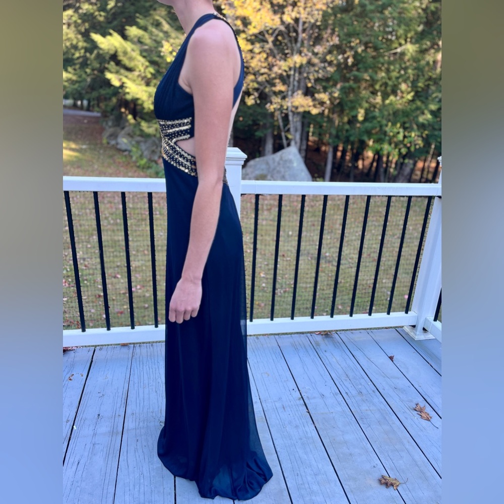 Elegant Navy Evening Gown with Gold sequin & beads Accents. Sheer over lining.